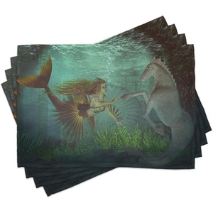 image:imageAmbesonne Mermaid Place Mats Set of 4 Mermaid Meets Seahorse Underwater World Fantasy Design Washable Fabric Placemats for Dining Table Standard Size Green Aqua
