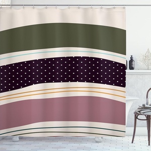 image:imageAmbesonne Mid Century Modern Boho Shower Curtain Bold Stripes with Minimalist Spots on Eggshell Back Cloth Fabric Bathroom Decor Set with Hooks 69 W x 70 L Dark Purple and Army Green