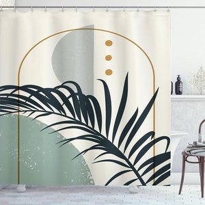 image:imageAmbesonne Mid Century Modern Boho Shower Curtain Exotic Leaf Silhouette with Abstract Semicircle Print Cloth Fabric Bathroom Decor Set with Hooks 69 W x 84 L Ivory Pale Reseda Green