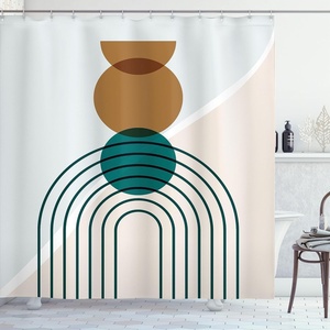 image:imageAmbesonne Mid Century Modern Boho Shower Curtain Geometric Round Semicircle Shaped Stripes Minimalist Cloth Fabric Bathroom Decor Set with Hooks 69 W x 75 L Caramel Teal and Pale Tan