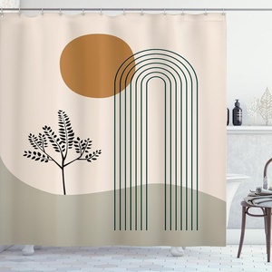 image:imageAmbesonne Mid Century Modern Boho Shower Curtain Minimalist Abstract Boho Roundy Stripes and Leaf with Sun Cloth Fabric Bathroom Decor Set with Hooks 69 W x 84 L Amber Champagne Dusk