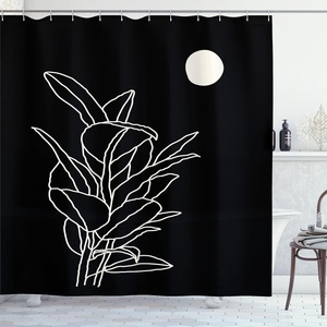 image:imageAmbesonne Mid Century Modern Boho Shower Curtain Minimalist Design Outline Leaves in Nocturnal Scene with Moon Art Cloth Fabric Bathroom Decor Set with Hooks 69 W x 75 L Black White