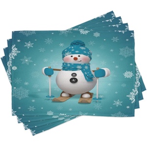 image:imageAmbesonne Snowman Place Mats Set of 4 Skiing with Ornate Snowflakes Winter Vacation Activity Fun Hobby Washable Fabric Placemats for Dining Table Standard Size Brown Turquoise