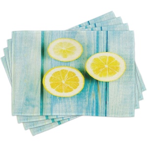image:imageAmbesonne Yellow and Blue Place Mats Set of 4 Juicy Lemon Slices on Old Wooden Planks Porch Summer Refreshing Image Washable Fabric Placemats for Dining Table Standard Size Sky Blue