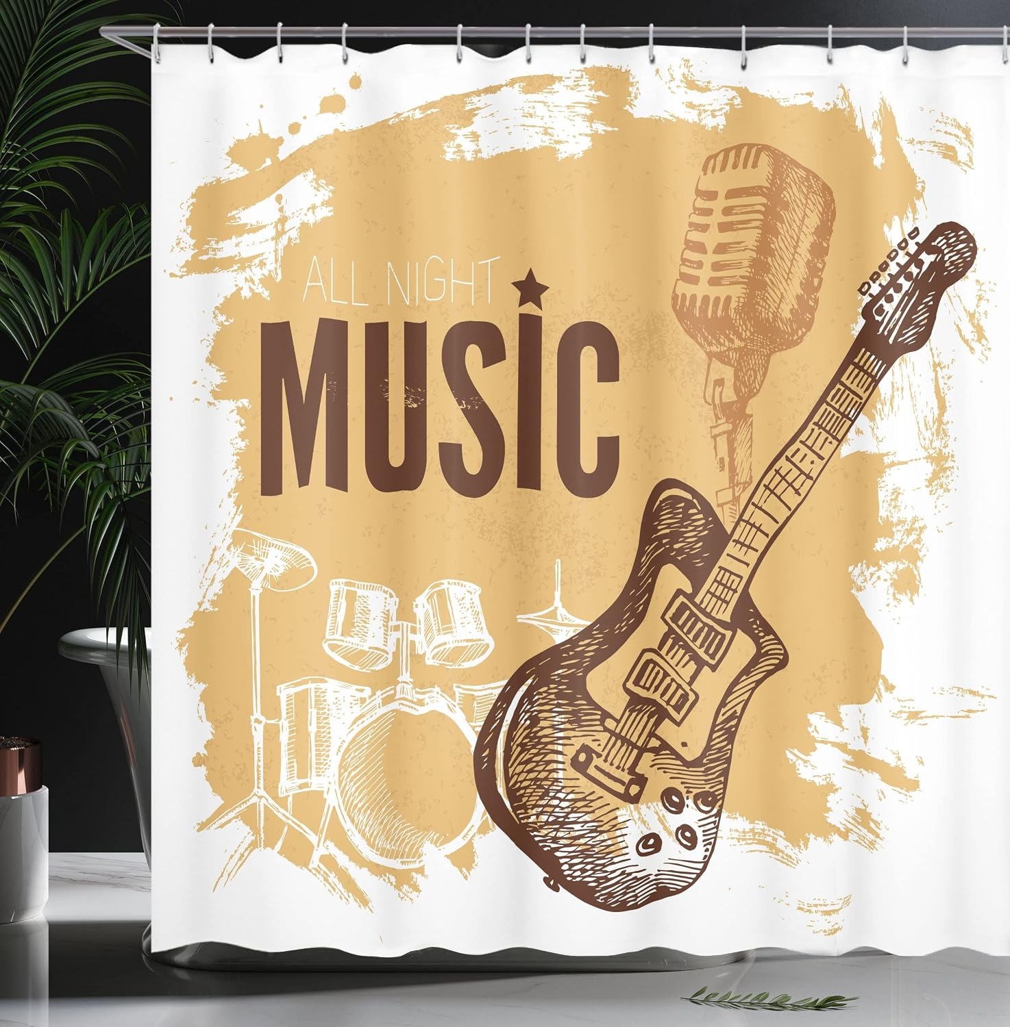 image:imageAmbesonne Rock Music Shower Curtain Vintage Sketch Hand Drawn Drums and Microphone Pattern Abstract Backdrop Cloth Fabric Bathroom Decor Set with Hooks 105 Extra Wide Pale Coffee BrownPale Coffee Brown