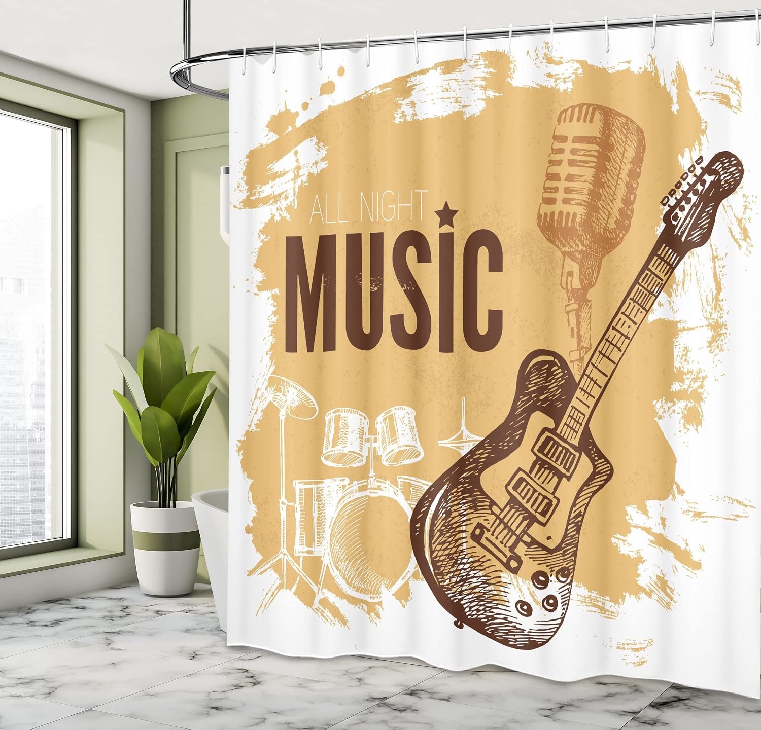 image:imageAmbesonne Rock Music Shower Curtain Vintage Sketch Hand Drawn Drums and Microphone Pattern Abstract Backdrop Cloth Fabric Bathroom Decor Set with Hooks 105 Extra Wide Pale Coffee BrownPale Coffee Brown