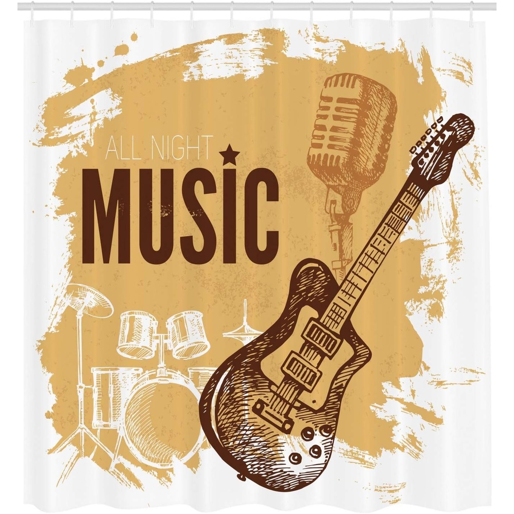 image:imageAmbesonne Rock Music Shower Curtain Vintage Sketch Hand Drawn Drums and Microphone Pattern Abstract Backdrop Cloth Fabric Bathroom Decor Set with Hooks 105 Extra Wide Pale Coffee BrownPale Coffee Brown