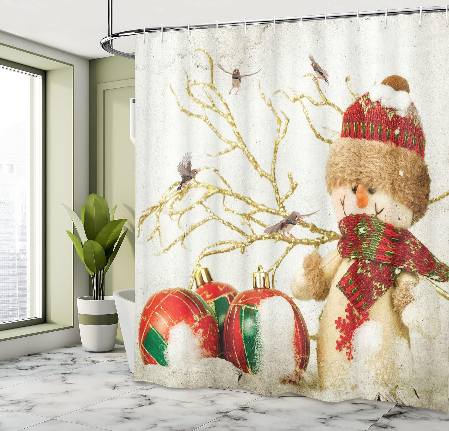 image:imageAmbesonne Christmas Shower Curtain Snowy Xmas Eve Countryside Barn and Cows Vintage Illustration Cloth Fabric Bathroom Decor Set with Hooks 69 W x 70 L Beige Pale Grey and Pale RubyRed Beige White