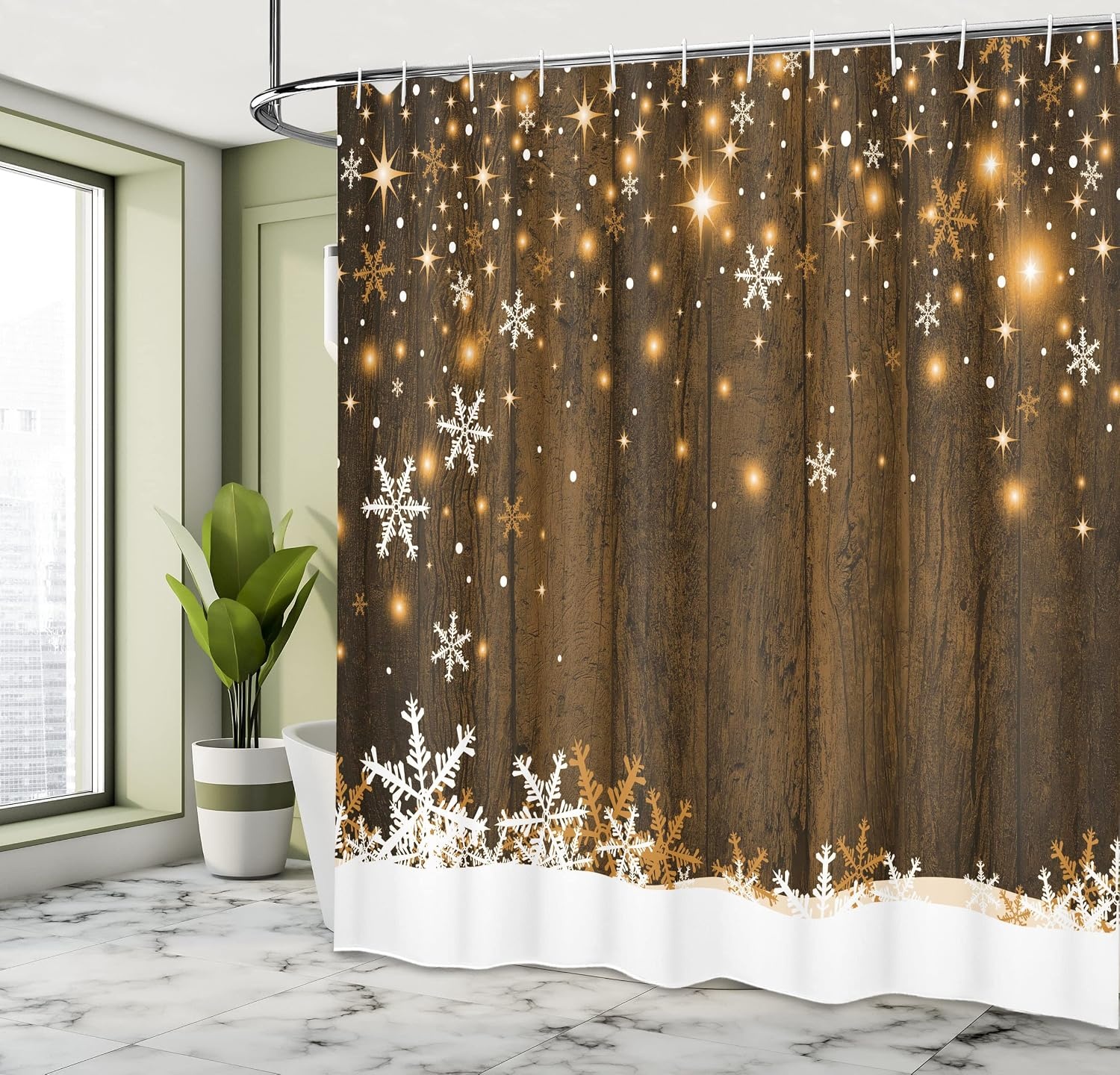 image:imageAmbesonne Christmas Shower Curtain Snowy Xmas Eve Countryside Barn and Cows Vintage Illustration Cloth Fabric Bathroom Decor Set with Hooks 69 W x 70 L Beige Pale Grey and Pale RubyBrown White