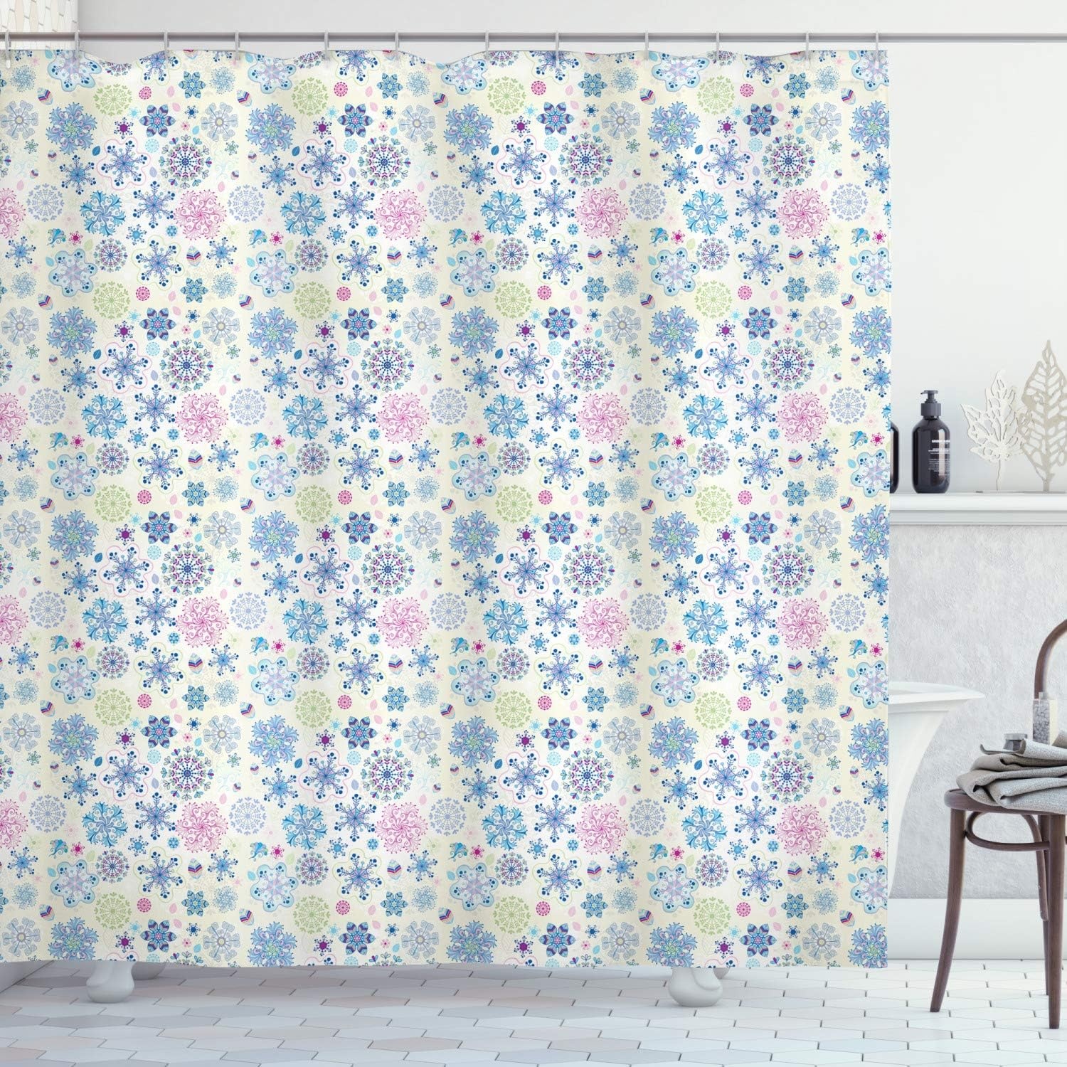 image:imageAmbesonne Christmas Shower Curtain Snowy Xmas Eve Countryside Barn and Cows Vintage Illustration Cloth Fabric Bathroom Decor Set with Hooks 69 W x 70 L Beige Pale Grey and Pale RubyCream Blue