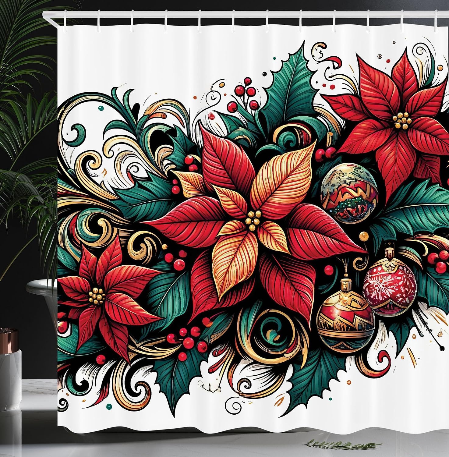image:imageAmbesonne Christmas Shower Curtain Snowy Xmas Eve Countryside Barn and Cows Vintage Illustration Cloth Fabric Bathroom Decor Set with Hooks 69 W x 70 L Beige Pale Grey and Pale RubyHot Pink Forest Green and Tan
