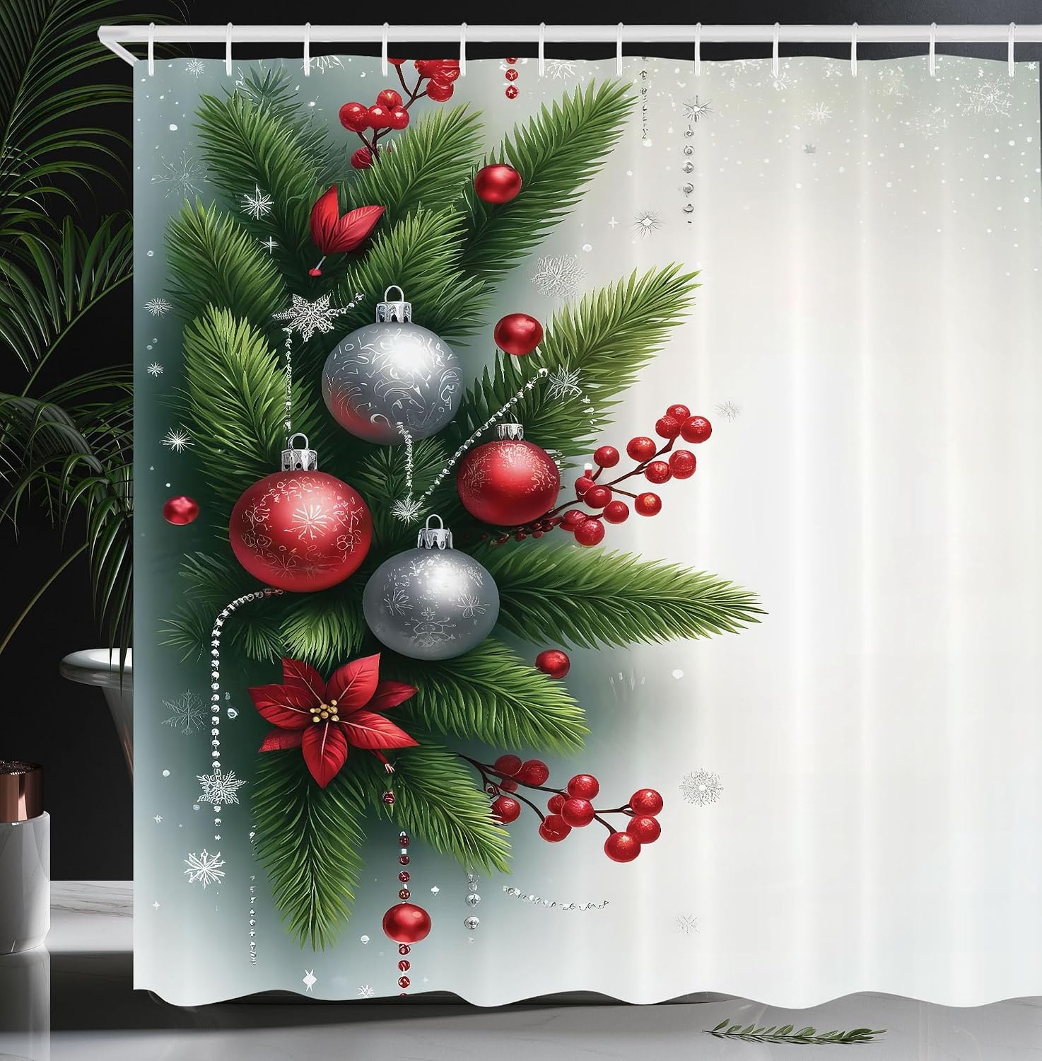 image:imageAmbesonne Christmas Shower Curtain Snowy Xmas Eve Countryside Barn and Cows Vintage Illustration Cloth Fabric Bathroom Decor Set with Hooks 69 W x 70 L Beige Pale Grey and Pale RubyOff White Fern Green Ruby