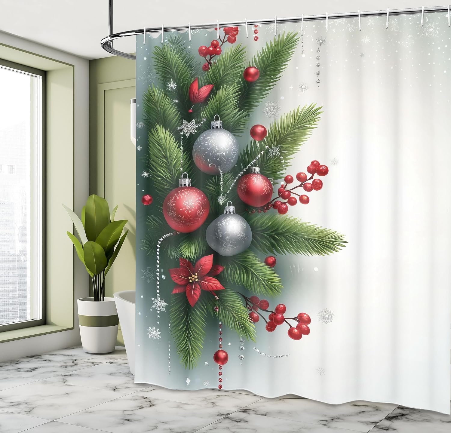 image:imageAmbesonne Christmas Shower Curtain Snowy Xmas Eve Countryside Barn and Cows Vintage Illustration Cloth Fabric Bathroom Decor Set with Hooks 69 W x 70 L Beige Pale Grey and Pale RubyOff White Fern Green Ruby