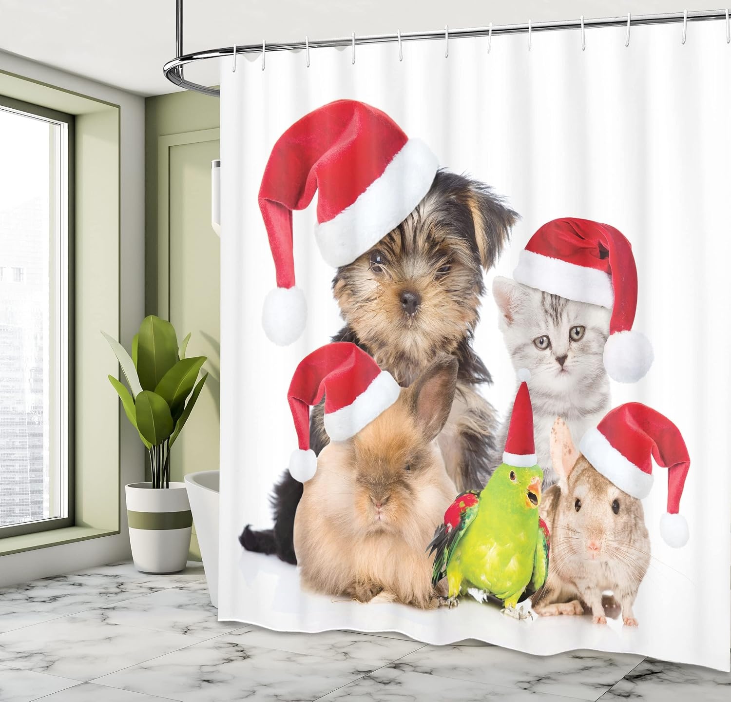 image:imageAmbesonne Christmas Shower Curtain Snowy Xmas Eve Countryside Barn and Cows Vintage Illustration Cloth Fabric Bathroom Decor Set with Hooks 69 W x 70 L Beige Pale Grey and Pale RubyRed Brown