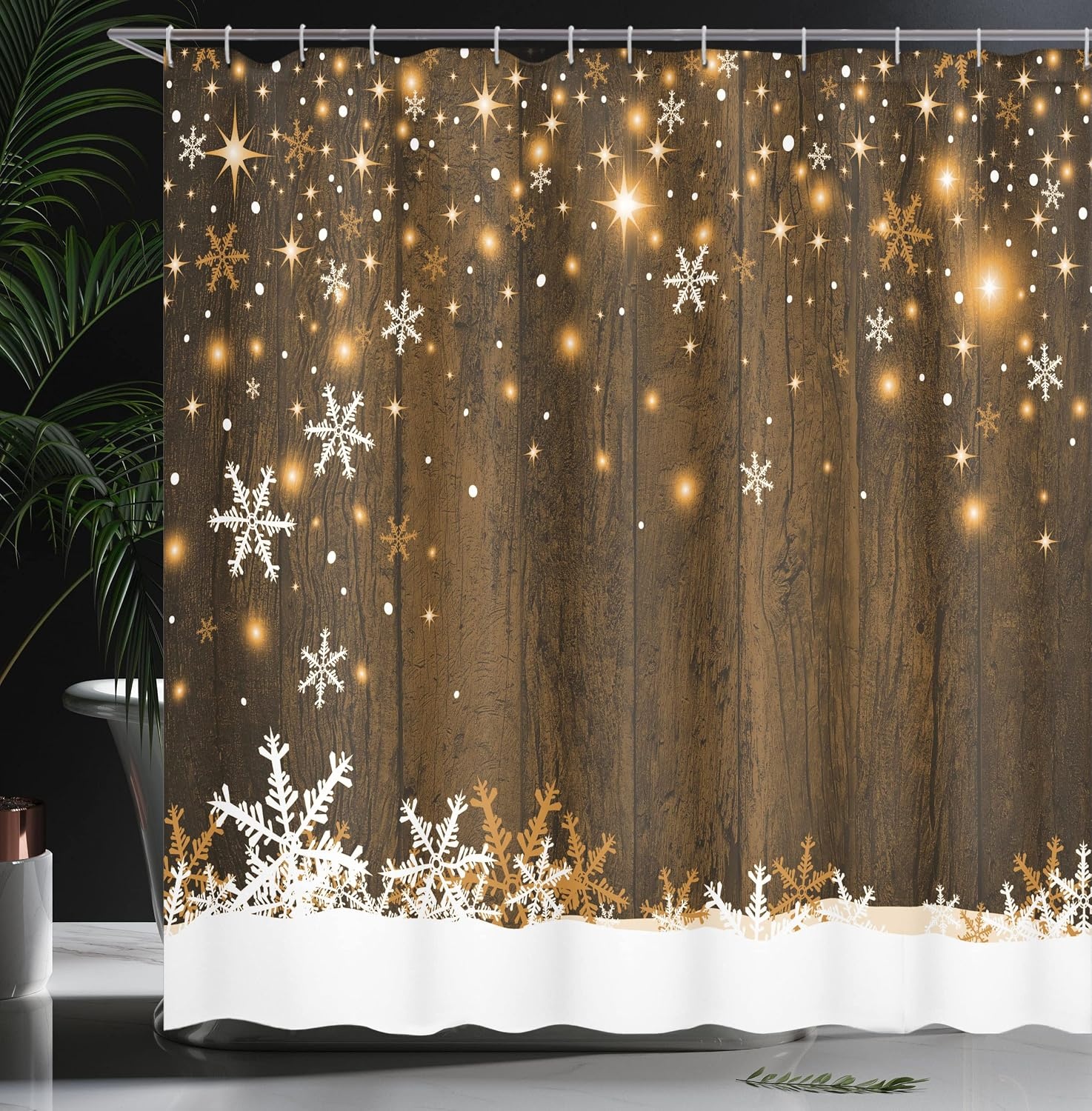 image:imageAmbesonne Christmas Shower Curtain Snowy Xmas Eve Countryside Barn and Cows Vintage Illustration Cloth Fabric Bathroom Decor Set with Hooks 69 W x 70 L Beige Pale Grey and Pale RubyBrown White