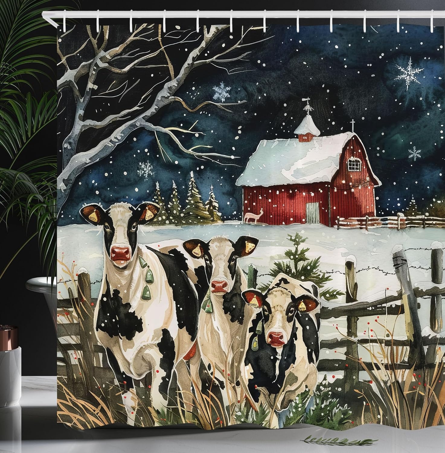 image:imageAmbesonne Christmas Shower Curtain Snowy Xmas Eve Countryside Barn and Cows Vintage Illustration Cloth Fabric Bathroom Decor Set with Hooks 69 W x 70 L Beige Pale Grey and Pale RubyBeige Pale Grey and Pale Ruby