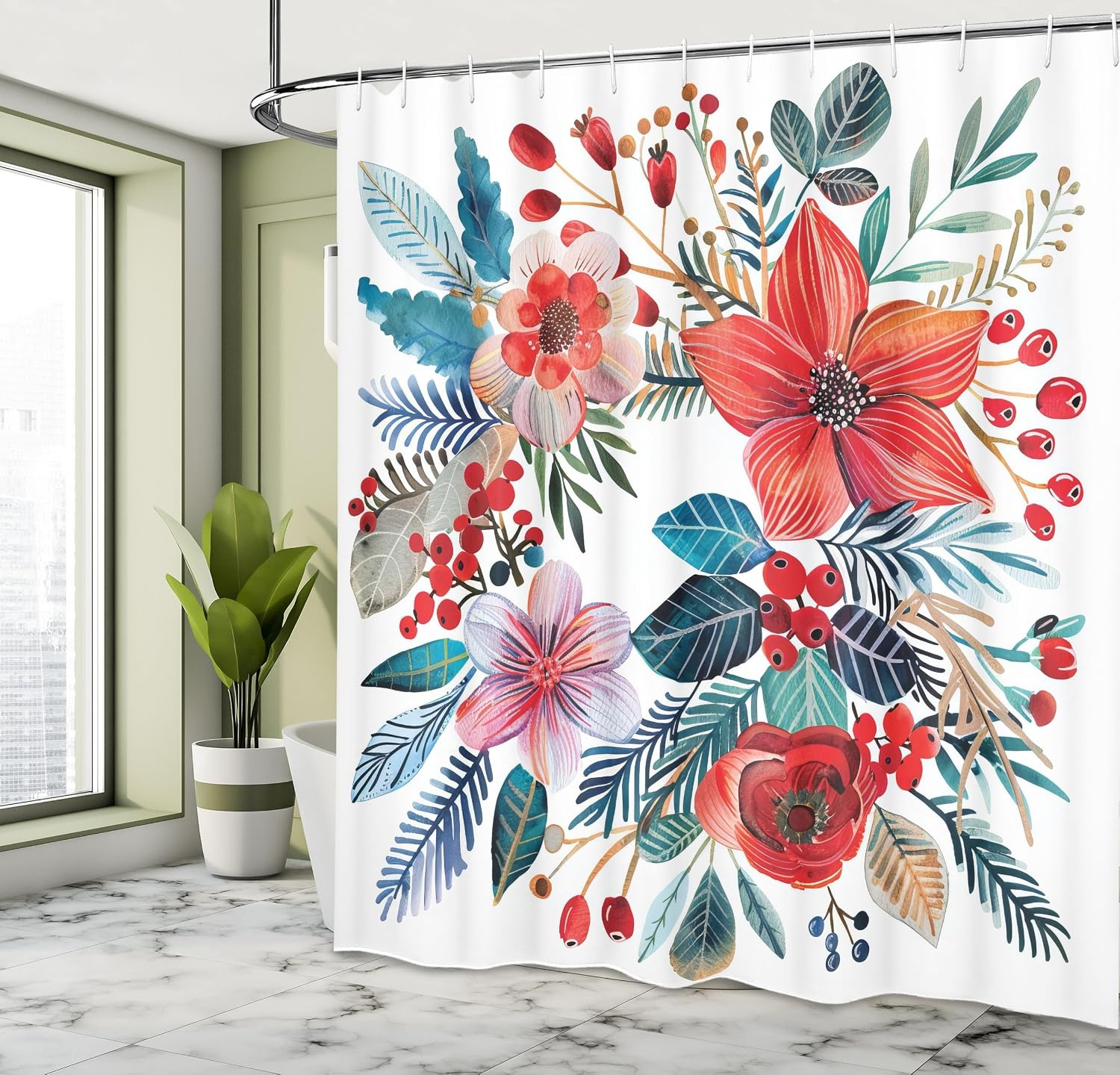 image:imageAmbesonne Christmas Shower Curtain Snowy Xmas Eve Countryside Barn and Cows Vintage Illustration Cloth Fabric Bathroom Decor Set with Hooks 69 W x 70 L Beige Pale Grey and Pale RubyDark Coral Petrol Blue