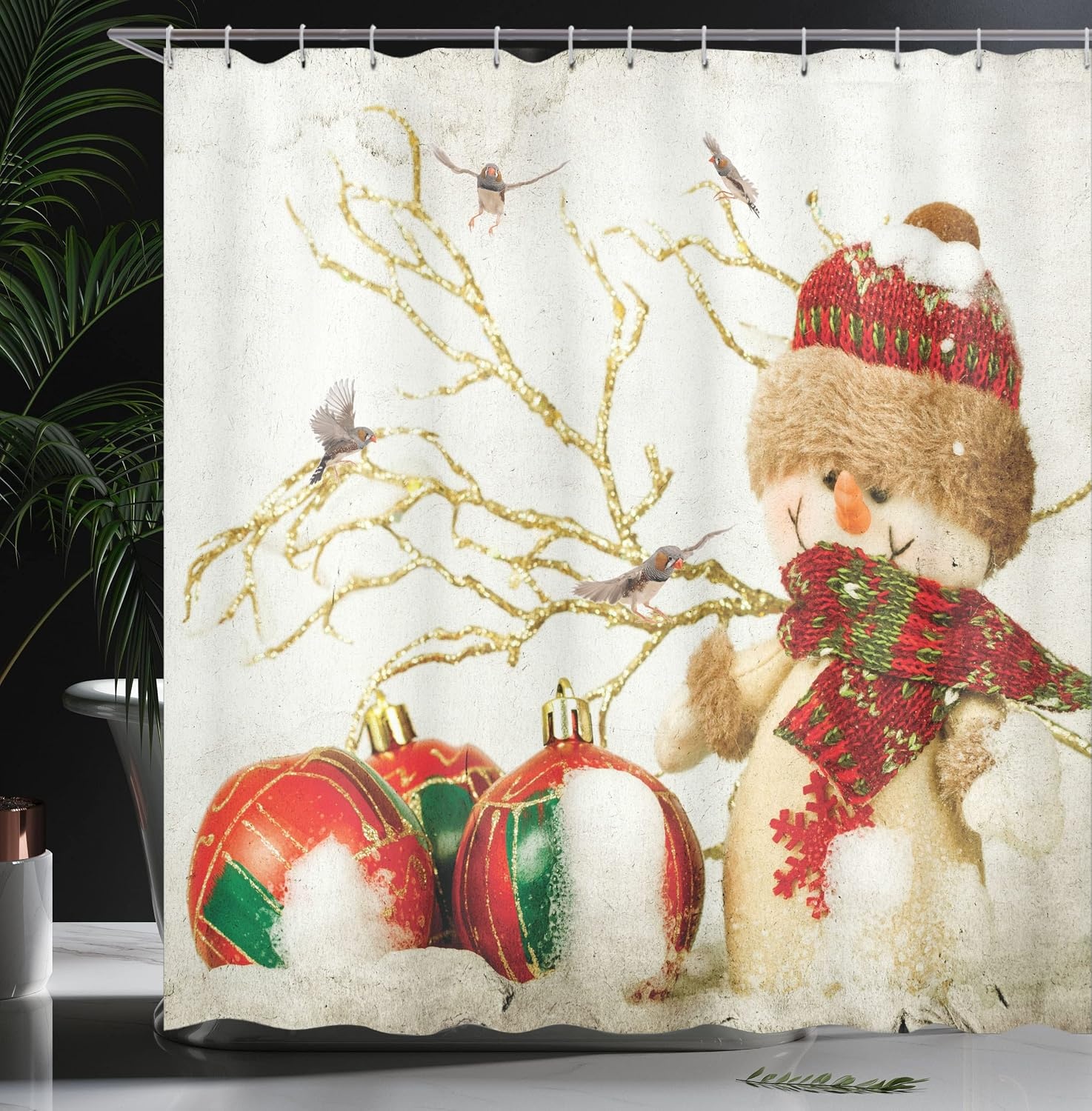 image:imageAmbesonne Christmas Shower Curtain Snowy Xmas Eve Countryside Barn and Cows Vintage Illustration Cloth Fabric Bathroom Decor Set with Hooks 69 W x 70 L Beige Pale Grey and Pale RubyRed Beige White