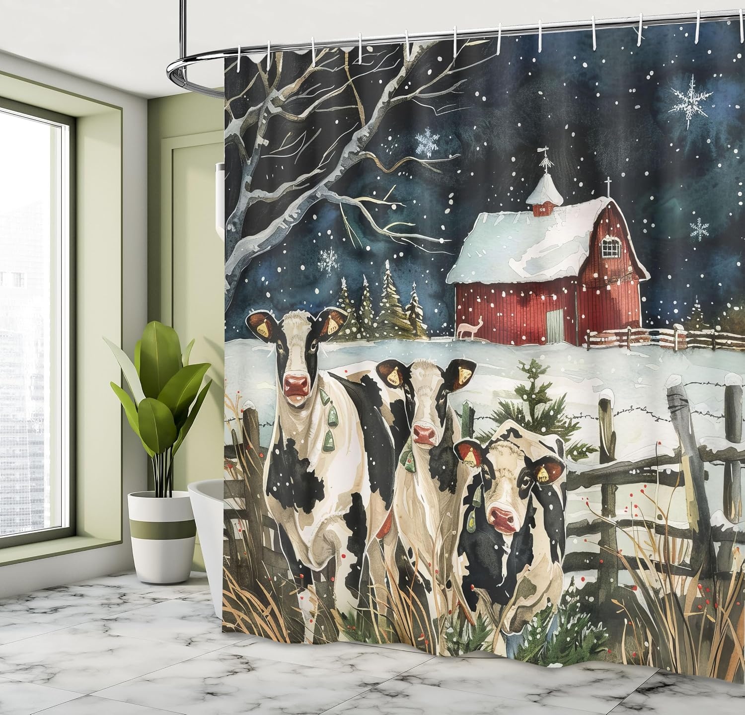 image:imageAmbesonne Christmas Shower Curtain Snowy Xmas Eve Countryside Barn and Cows Vintage Illustration Cloth Fabric Bathroom Decor Set with Hooks 69 W x 70 L Beige Pale Grey and Pale RubyBeige Pale Grey and Pale Ruby
