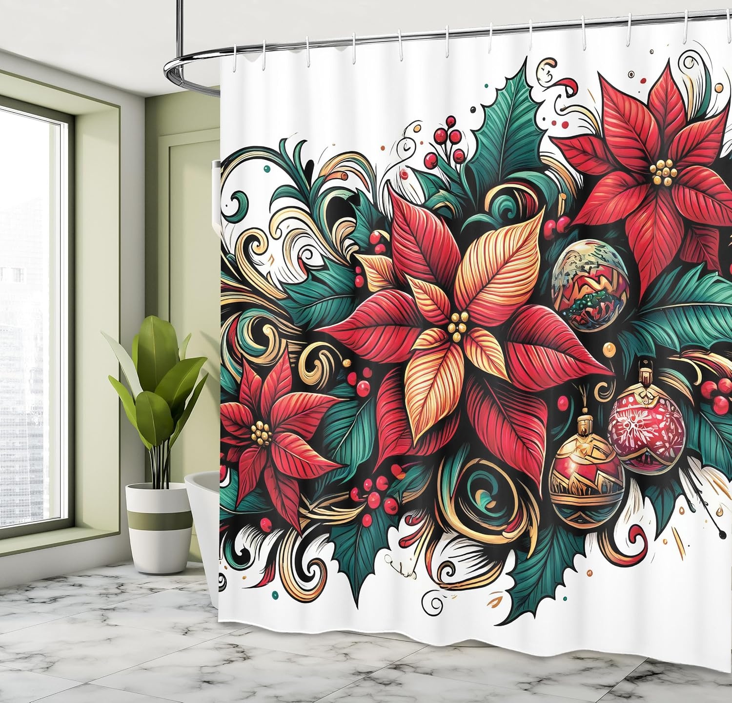 image:imageAmbesonne Christmas Shower Curtain Snowy Xmas Eve Countryside Barn and Cows Vintage Illustration Cloth Fabric Bathroom Decor Set with Hooks 69 W x 70 L Beige Pale Grey and Pale RubyHot Pink Forest Green and Tan