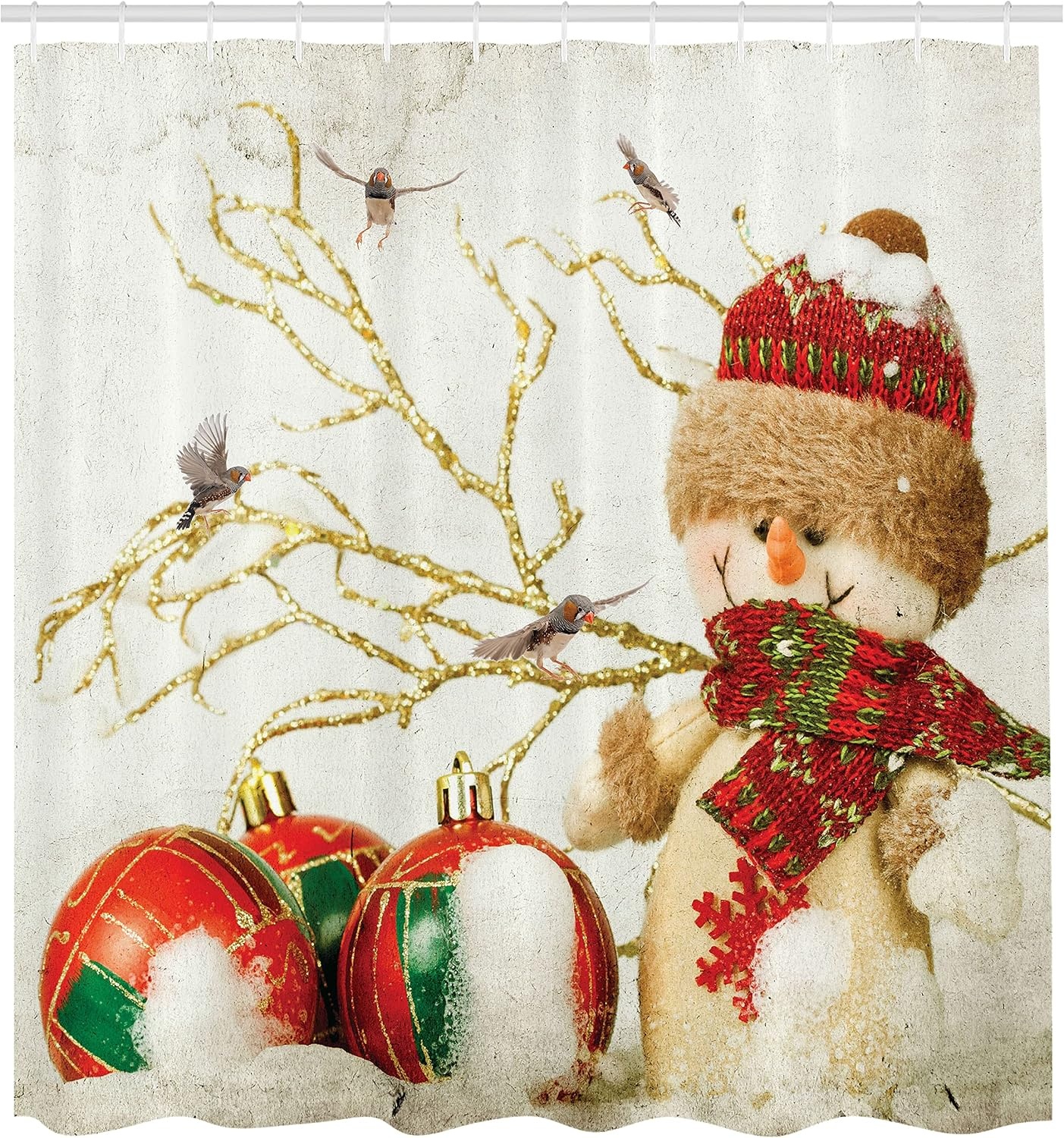 image:imageAmbesonne Christmas Shower Curtain Snowy Xmas Eve Countryside Barn and Cows Vintage Illustration Cloth Fabric Bathroom Decor Set with Hooks 69 W x 70 L Beige Pale Grey and Pale RubyRed Beige White