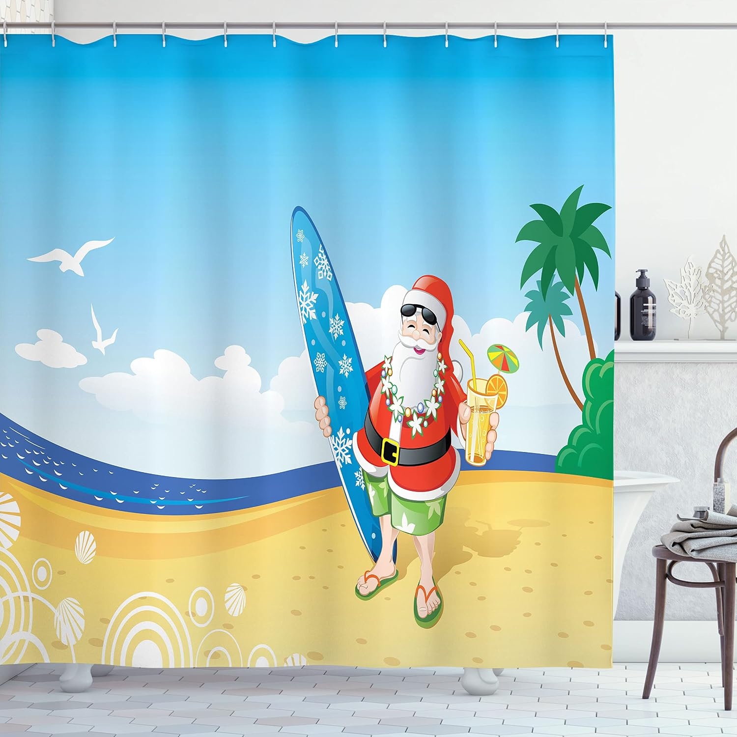 image:imageAmbesonne Christmas Shower Curtain Snowy Xmas Eve Countryside Barn and Cows Vintage Illustration Cloth Fabric Bathroom Decor Set with Hooks 69 W x 70 L Beige Pale Grey and Pale RubyYellow Blue