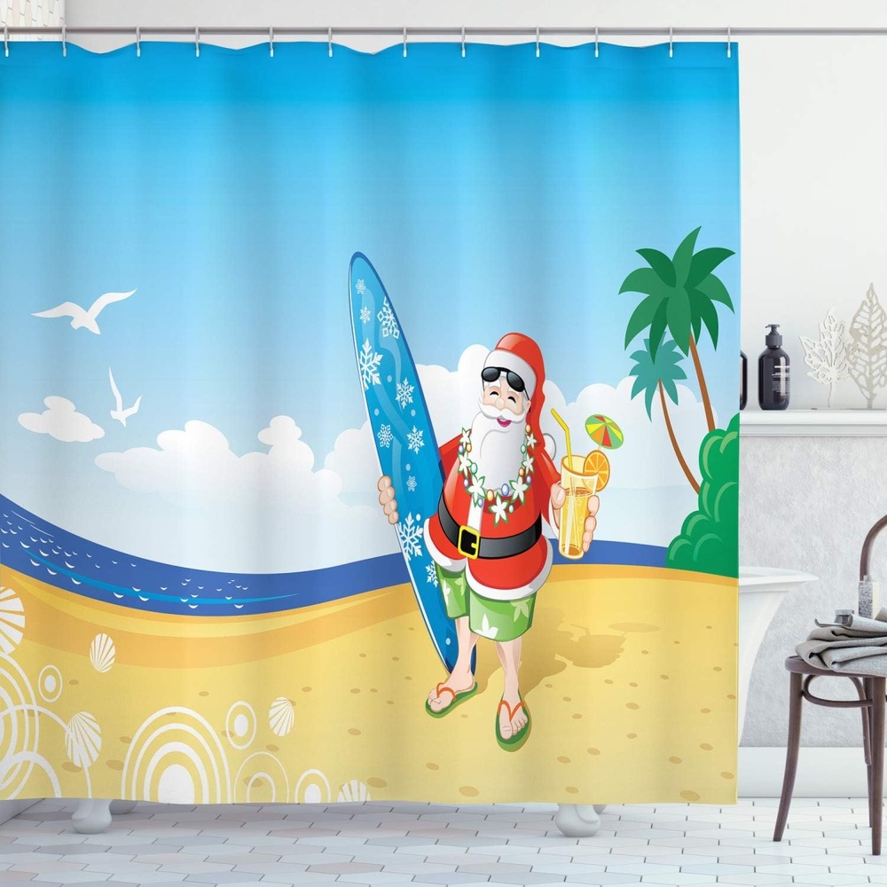 image:imageAmbesonne Christmas Shower Curtain Snowy Xmas Eve Countryside Barn and Cows Vintage Illustration Cloth Fabric Bathroom Decor Set with Hooks 69 W x 70 L Beige Pale Grey and Pale RubyYellow Blue