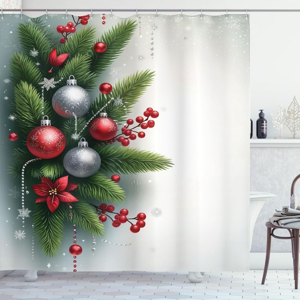 image:imageAmbesonne Christmas Shower Curtain Snowy Xmas Eve Countryside Barn and Cows Vintage Illustration Cloth Fabric Bathroom Decor Set with Hooks 69 W x 70 L Beige Pale Grey and Pale RubyOff White Fern Green Ruby