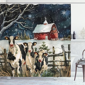 image:imageAmbesonne Christmas Shower Curtain Snowy Xmas Eve Countryside Barn and Cows Vintage Illustration Cloth Fabric Bathroom Decor Set with Hooks 69 W x 70 L Beige Pale Grey and Pale RubyBeige Pale Grey and Pale Ruby
