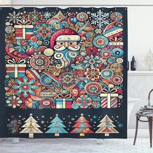image:imageAmbesonne Christmas Shower Curtain Snowy Xmas Eve Countryside Barn and Cows Vintage Illustration Cloth Fabric Bathroom Decor Set with Hooks 69 W x 70 L Beige Pale Grey and Pale RubySlate Blue Multicolor